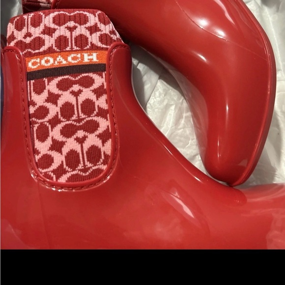 Coach Shoes - Coach Red Glossy Logo Rain Boots with Signature Knit Panel